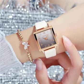 Женские модные повседневные часы с квадратным циферблатом градиентного цвета, высококачественные Простые Роскошные кожаные Женские наручные часы, кварцевые часы