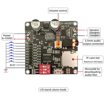 DY-HV20T 12 В/24 В источник питания 10 Вт/20 Вт Модуль воспроизведения голоса с поддержкой Micro SD карты MP3 музыкальный плеер для Arduino
