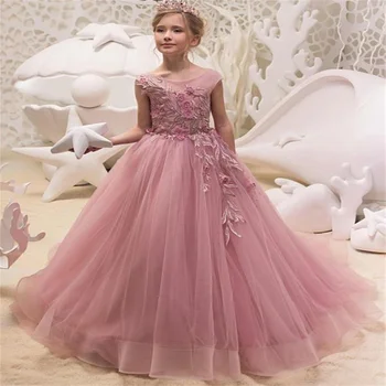 Платья для девочек в цветочек для причастия, розовые румяна, платья для первого причастия для девочек, бальное платье, расшитое бисером, пышное платье