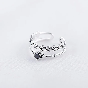 Винтажное многослойное кольцо в форме листьев серебристого цвета, открытое кольцо с черным камнем для женщин, девочек, подростков, регулируемые украшения для пальцев