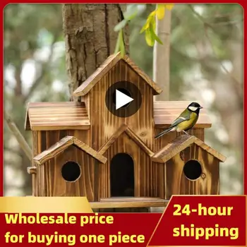 Деревянный птичий домик с 6 отверстиями, натуральный птичий домик ручной работы для декора внутреннего дворика
