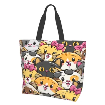 Бесшовный узор с изображением милого кота из мультфильма Сумки-тоут для женщин Многоразовые продуктовые сумки Большие сумки для покупок