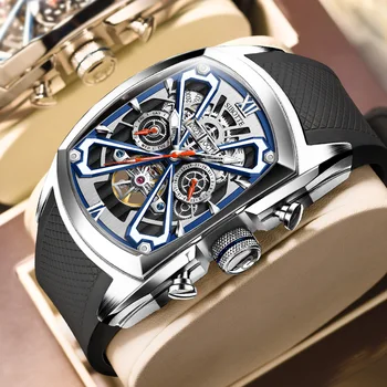 Наручные часы SIBOTTE, Автоматические механические часы для мужчин, бочкообразные водонепроницаемые светящиеся часы со скелетом, Сапфировое зеркало