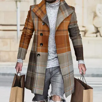 Стильное осенне-зимнее утолщенное шерстяное пальто в клетку средней длины в стиле пэчворк, теплая мужская ветровка, планка на пуговицах для офиса