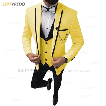 2023 Желтый мужской костюм из 3 предметов, Новый Официальный деловой Блейзер, жилет, брюки, комплект, Приталенный, для выпускного вечера, свадьбы, Мужские Смокинги, Повседневные куртки для мужчин