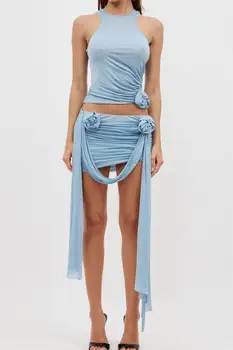 Элегантный Женский комплект юбок из 2 частей с цветочным рисунком - Облегающий Укороченный топ и однотонная мини-юбка с рюшами -