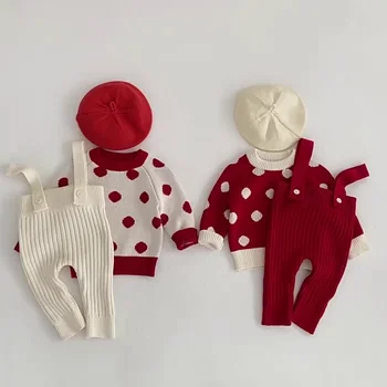 INS, комплект для младенцев и малышей, Весна 2023, женский детский пуловер в горошек, свитер, брюки на ремешках, модный комплект из двух предметов 8