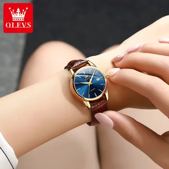 OLEVS, элегантные кварцевые часы для женщин, кожаный ремешок, модные водонепроницаемые женские часы, часы с датой, светящиеся женские наручные часы 6898