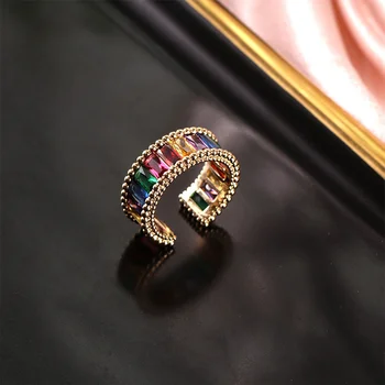 Радужное кольцо с разноцветным драгоценным камнем изумрудной огранки, регулируемое открытое ювелирное кольцо на палец.