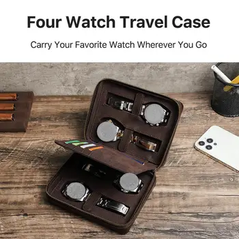 Винтажная Кожаная коробка для часов с 4 слотами Для хранения дисплея Держатель для часов Органайзер с карманной картой Watch Travel Collector Z N4t1