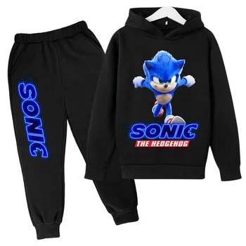Весенне-осенний детский костюм Sonic с капюшоном, детская хлопковая толстовка, брюки с капюшоном, одежда с длинным рукавом от 4 до 14 лет