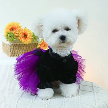 1 шт. Одежда для домашних животных, Собака, кошка, Осенне-зимнее бархатное Черно-фиолетовое свадебное платье принцессы с пряжкой на шнурке для маленьких средних собак