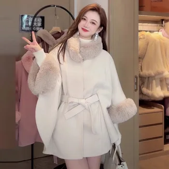 Корейское шерстяное пальто для женщин 2023, Осенне-зимняя новинка, Вязаная шаль, плащ, шерстяное пальто на шнуровке, женский кардиган