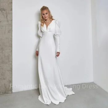 Простые атласные свадебные платья-футляры с длинными рукавами-фонариками и шлейфом, простой V-образный вырез, свадебное платье с открытой спиной и бантом.