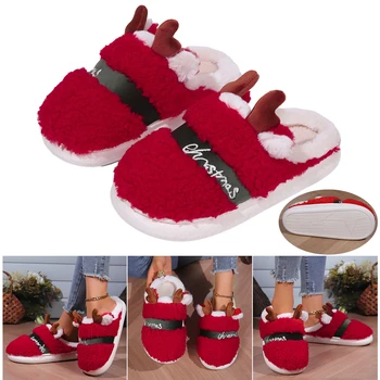 Женские рождественские домашние тапочки с изображением лося, нескользящие теплые пушистые тапочки, удобная мягкая обувь с оленями для дома в помещении