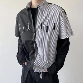 Ветровая рубашка в стиле хип-хоп с деконструированным соединением, модный бренд, мужская летняя рубашка с коротким рукавом 2023, Темное украшение в виде цепочки