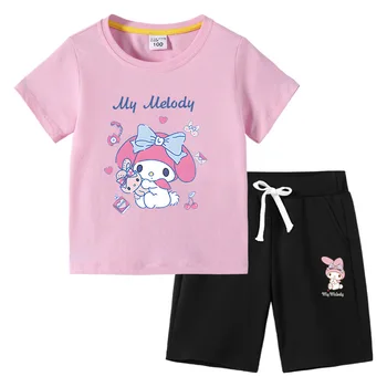 Sanrio Melody 2023 Новая летняя детская одежда Ins Хлопковые шорты с короткими рукавами в корейском стиле, модный костюм-двойка