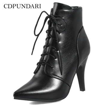 CDPUNDARI/ пикантные женские ботильоны на шнуровке с острым носком, сапоги на высоком каблуке, женская зимняя обувь