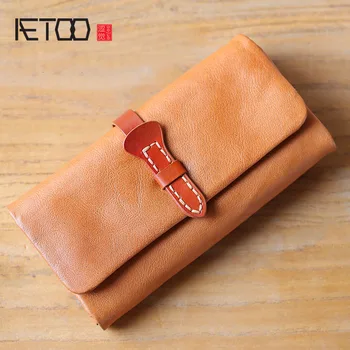 Кожаный кошелек AETOO, женский длинный кошелек в стиле ретро, простой кошелек с несколькими картами большой емкости, клатч из кожи растительного дубления