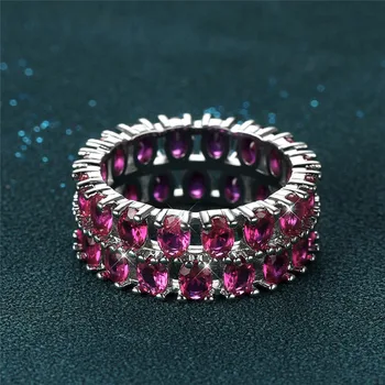 Роскошное Женское кольцо с овальным камнем из розово-красного Хрусталя, Двухрядное Обручальное кольцо с Цирконием, Классические Обручальные кольца серебряного цвета Для женщин