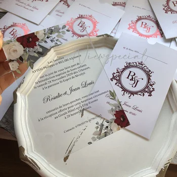 Белые и красные цветы Бордовое цветочное акриловое приглашение на свадьбу с логотипом из бордовой фольги в кармане NW002